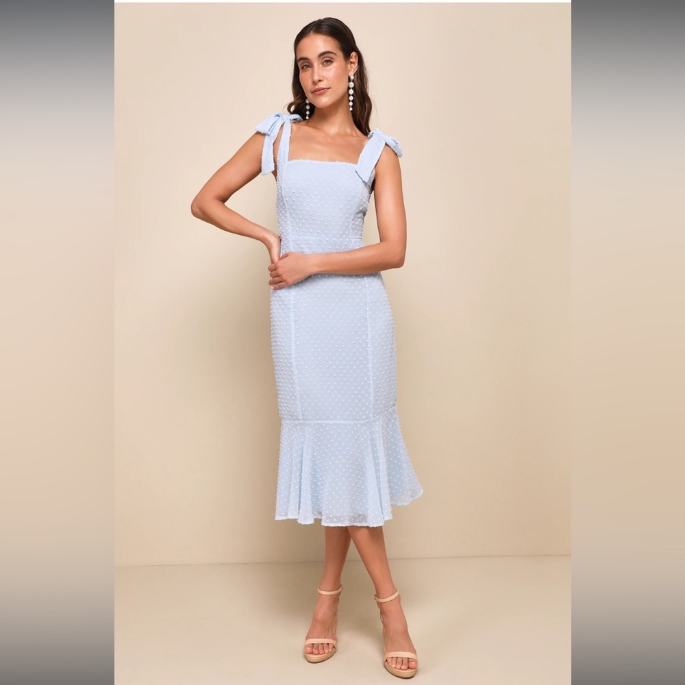 Lulu's Light Blue Swiss Dot Tie-Strap Midi Dress